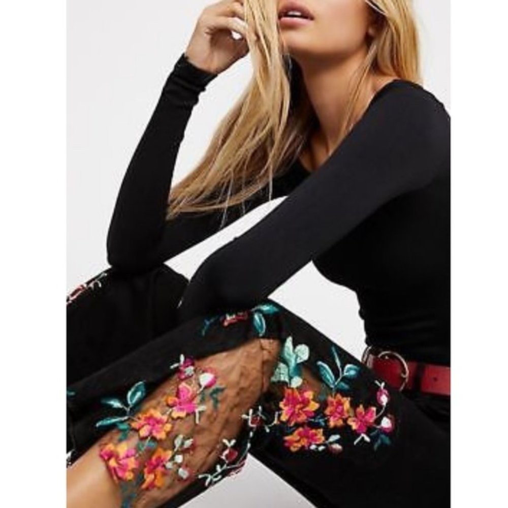 Free People High Rise Lace Embroidered Flare Jeans